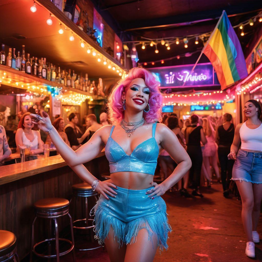 A lively scene depicting a vibrant trans nightlife event, with diverse individuals dancing under colorful lights. Include a backdrop of a cozy bar or club decorated with rainbow banners, showcasing different community events like drag shows and pride gatherings. The atmosphere is filled with joy and inclusivity, capturing smiles and laughter. super-realistic. vibrant colors. lively urban setting.