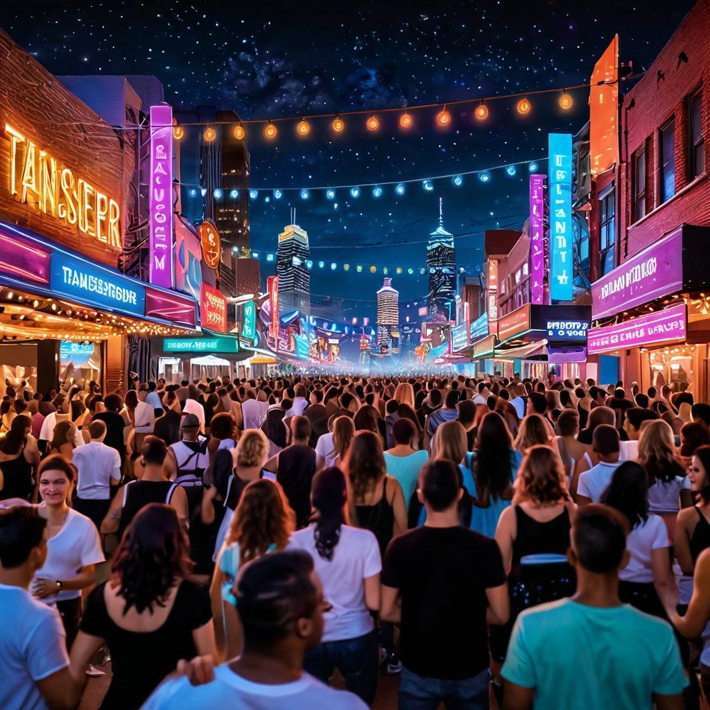 A lively night scene celebrating transgender culture, featuring colorful neon lights, a diverse crowd joyfully dancing at an outdoor festival. Incorporate festive decorations, inclusive symbols, and a dazzling stage showcasing performers in vibrant costumes. The backdrop should include a city skyline under a starry sky, embodying a sense of freedom and joy. super-realistic. vibrant colors. nightlife atmosphere.