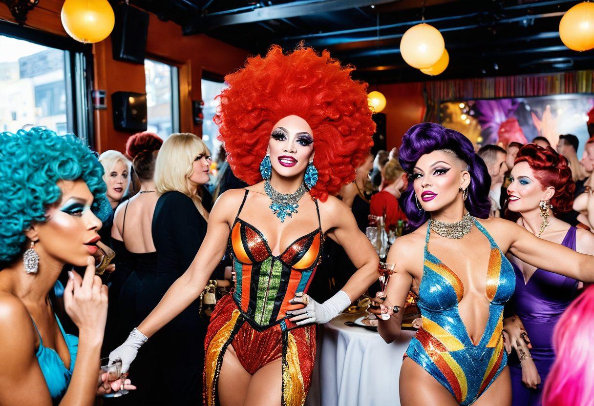 A vibrant scene showcasing a lively drag brunch, with performers in extravagant costumes and colorful makeup, surrounded by an enthusiastic crowd sipping cocktails. Include elements of an adult show in the background, like dynamic stage lighting and playful decorations. Emphasize inclusivity with diverse attendees celebrating together. super-realistic. bold colors. high-energy atmosphere.